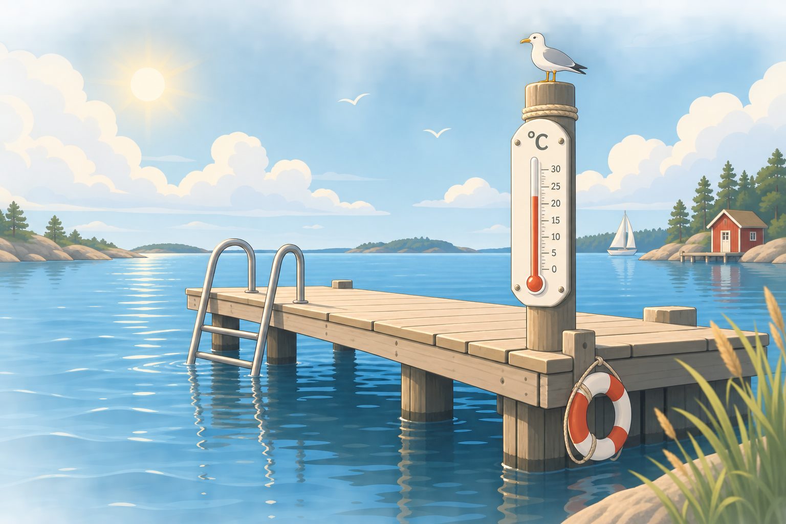 Brygga i skärgården med en termometer och en fiskmås, sommardag